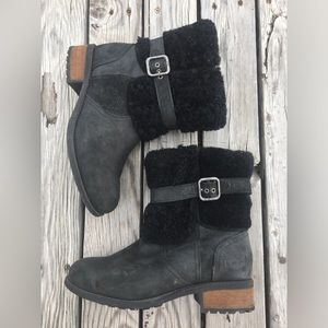 UGG Australia Blayre II Winter Boots Black Leather Sherpa Lined Size 7 1008220